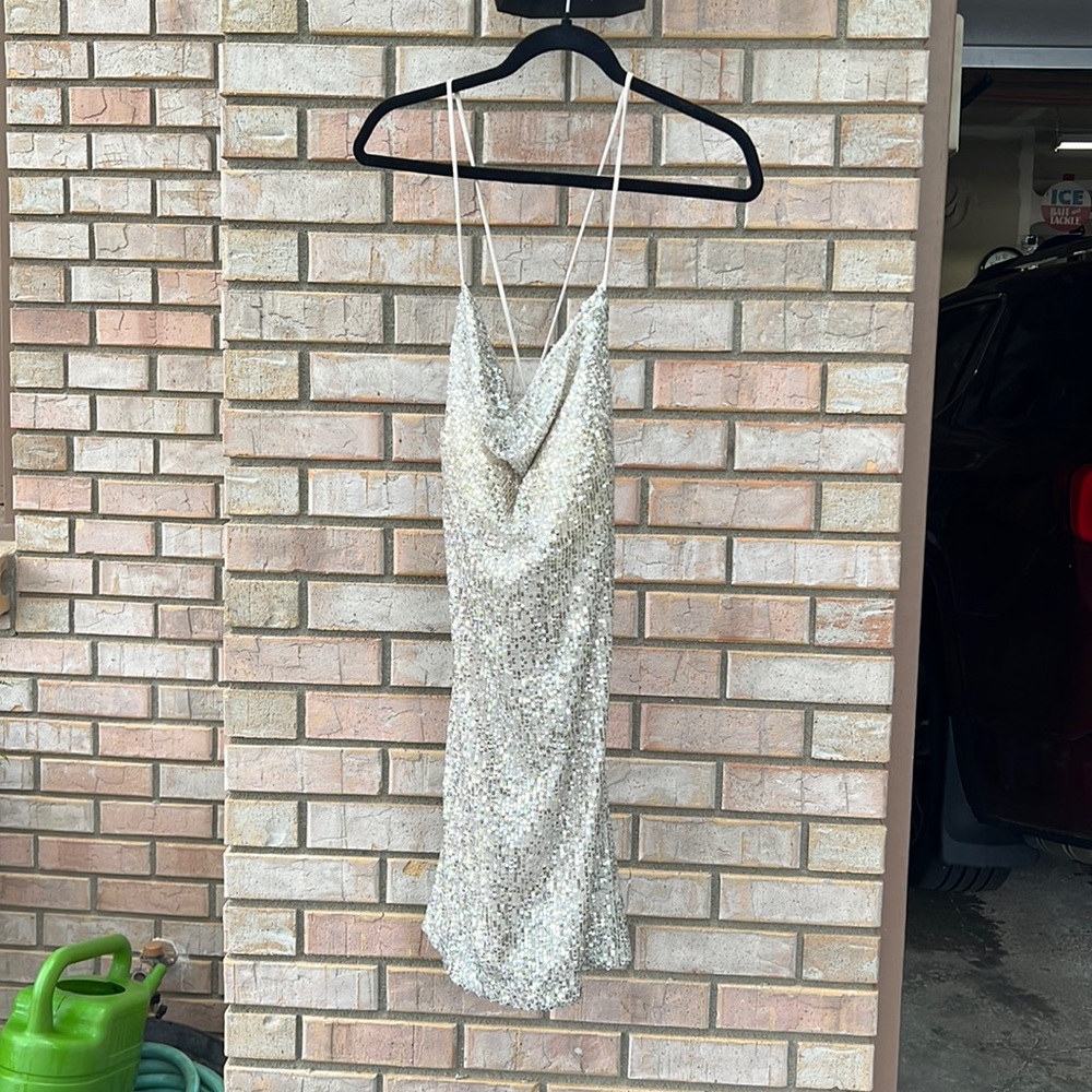 Cream Sequin mini dress with open back, cups built in